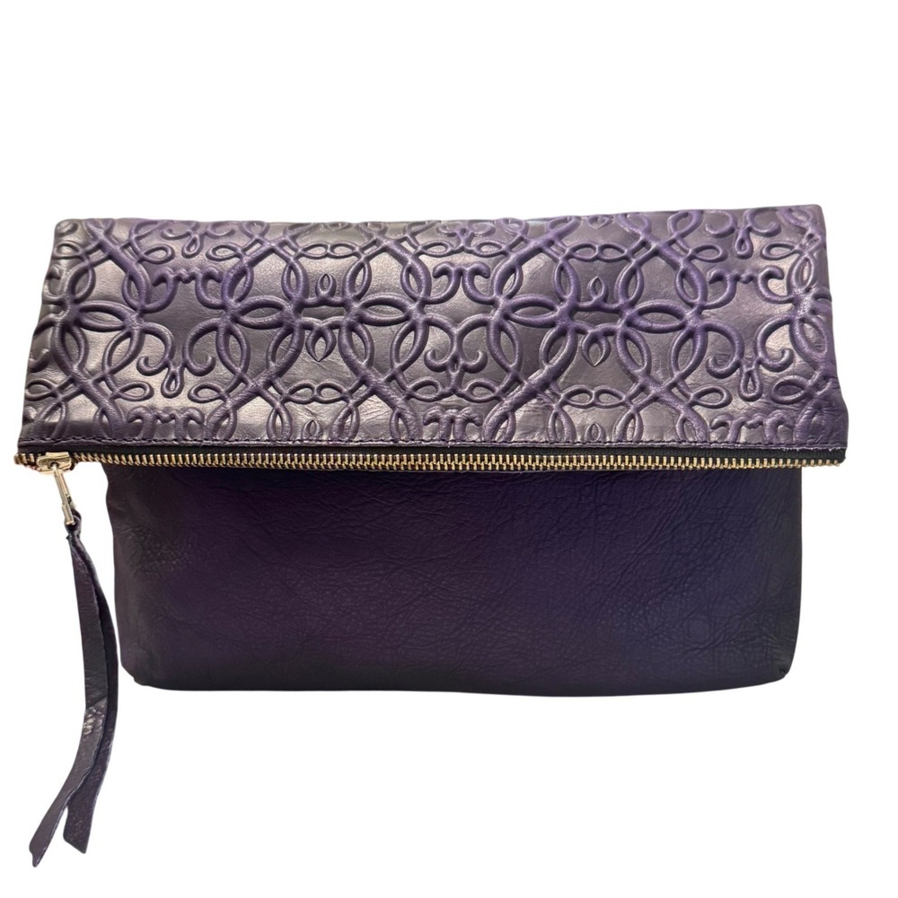 Alex and Ani Gabriel Fold Over Clutch Bag Tooled Purple Leather Like